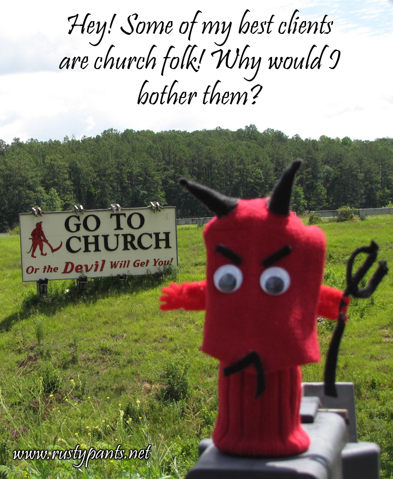 Satan Sockpuppet 07 Satan Sockpuppet at a curious billboard in Alabama
